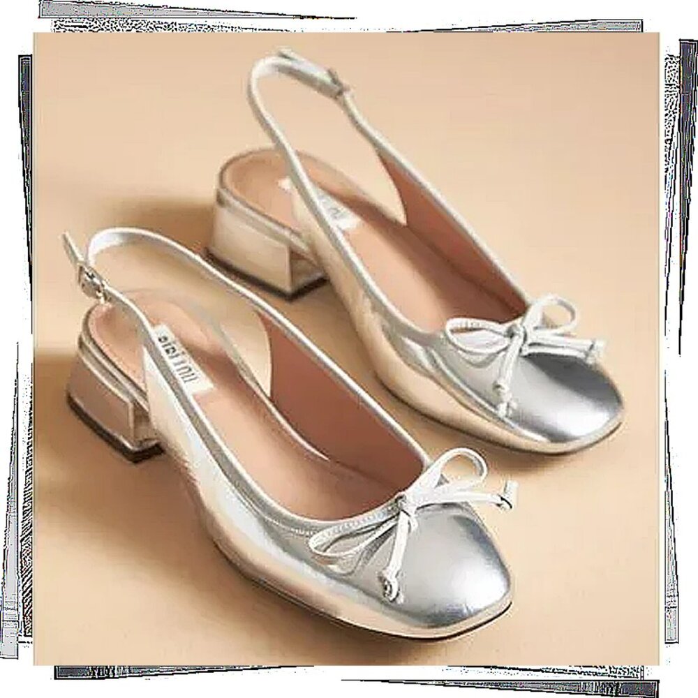 NWT: Silver "Suzy" Slingback Bow Heels w/ 2" Heel (37) by Bibi Lou